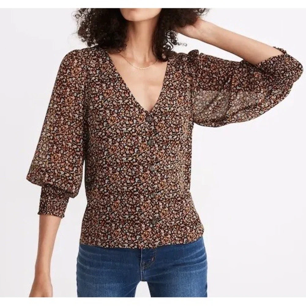 Madewell (Re)sourced Georgette Smocked-Cuff‎ Button-Front Shirt Paisley Sz 00